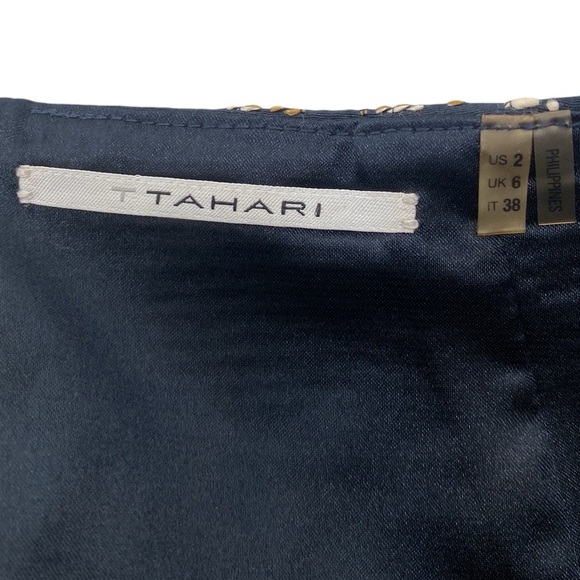 T Tahari Navy Brown Cream Cotton Polyester Embroidered Work Wear Skirt US 2 - Picture 7 of 9